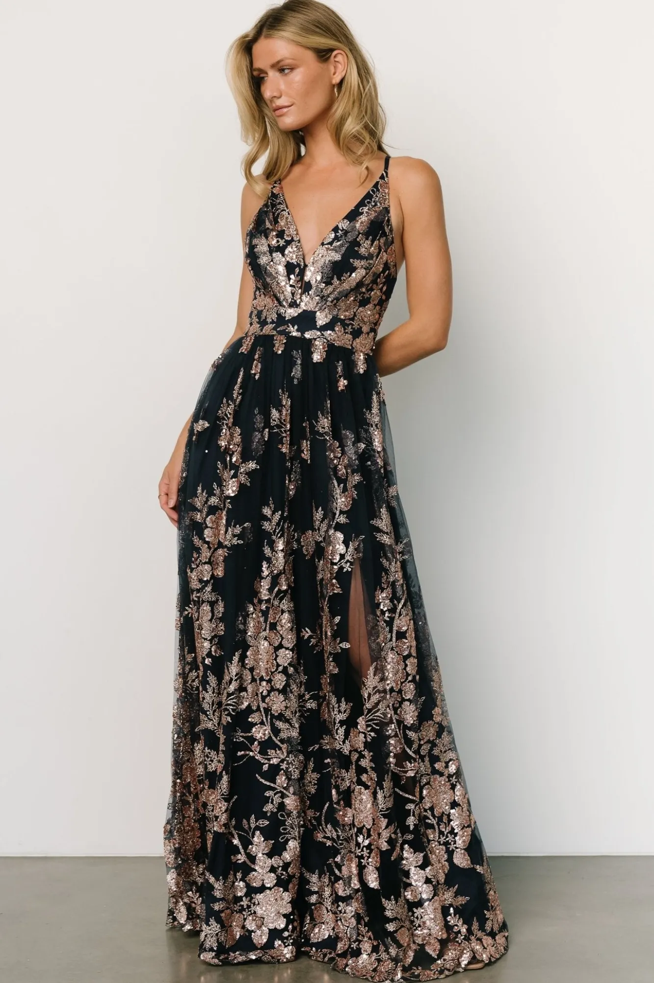 Baltic Born Lucienne Shimmer Maxi Gown | Navy + Rose Gold