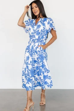 Baltic Born Lydie Button Midi Dress | White + Blue