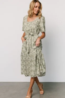 Baltic Born Lyla Midi Dress | White + Olive Print