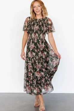Baltic Born Mara Embroidered Tulle Dress | Dark Green + Blush Floral