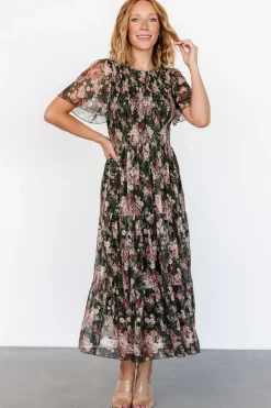 Baltic Born Mara Embroidered Tulle Dress | Dark Green + Blush Floral