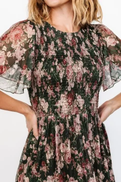 Baltic Born Mara Embroidered Tulle Dress | Dark Green + Blush Floral