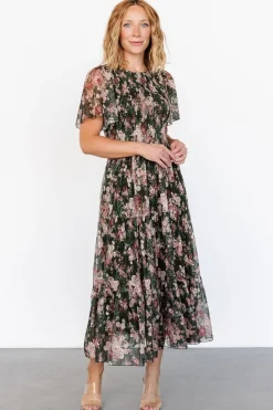 Baltic Born Mara Embroidered Tulle Dress | Dark Green + Blush Floral