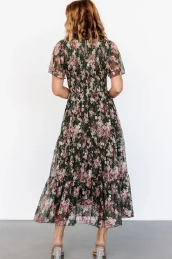 Baltic Born Mara Embroidered Tulle Dress | Dark Green + Blush Floral