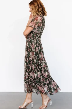 Baltic Born Mara Embroidered Tulle Dress | Dark Green + Blush Floral