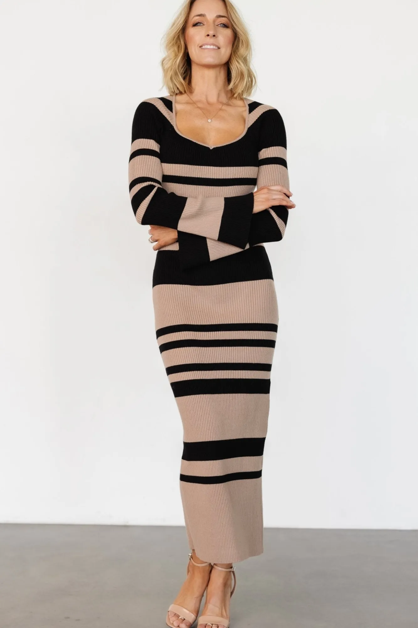 Baltic Born Marika Ribbed Dress | Camel + Black Stripe