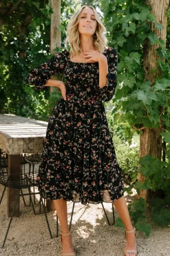Baltic Born Marta Smocked Midi Dress | Black Floral