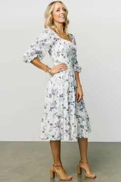 Baltic Born Marta Smocked Midi Dress | White + Blue