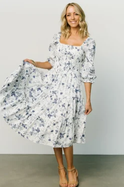 Baltic Born Marta Smocked Midi Dress | White + Blue