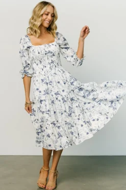 Baltic Born Marta Smocked Midi Dress | White + Blue