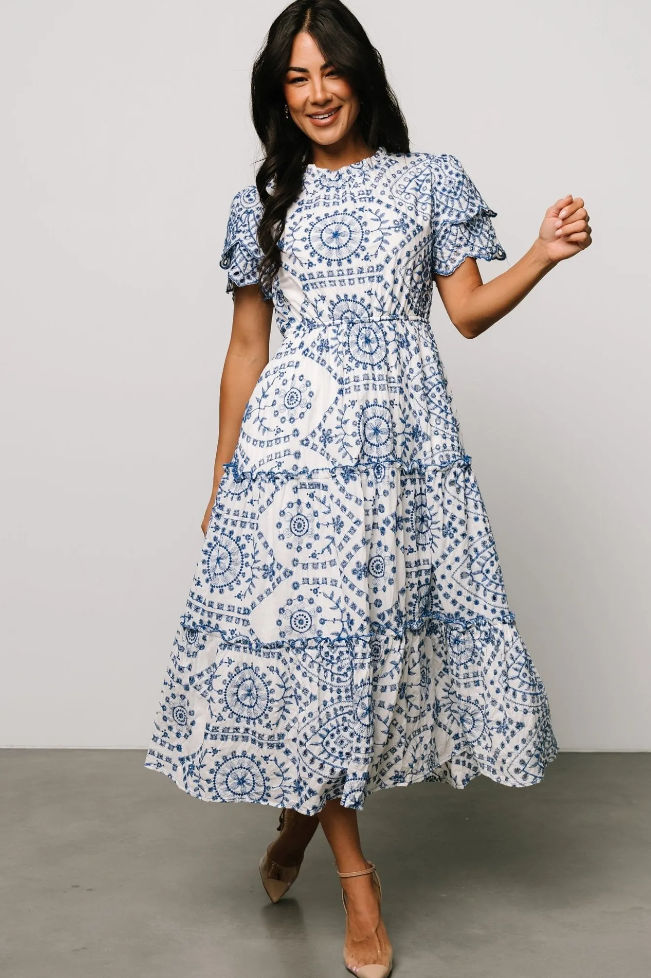 Baltic Born Mirabel Eyelet Midi Dress | White + Blue