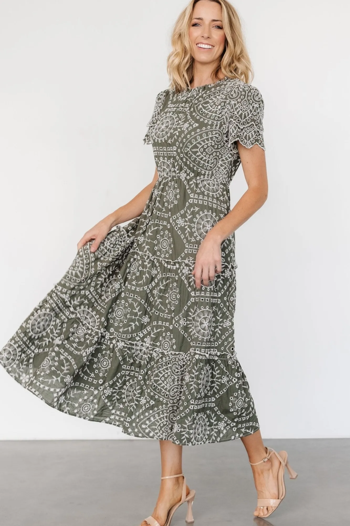 Baltic Born Mirabel Eyelet Midi Dress | Olive + White