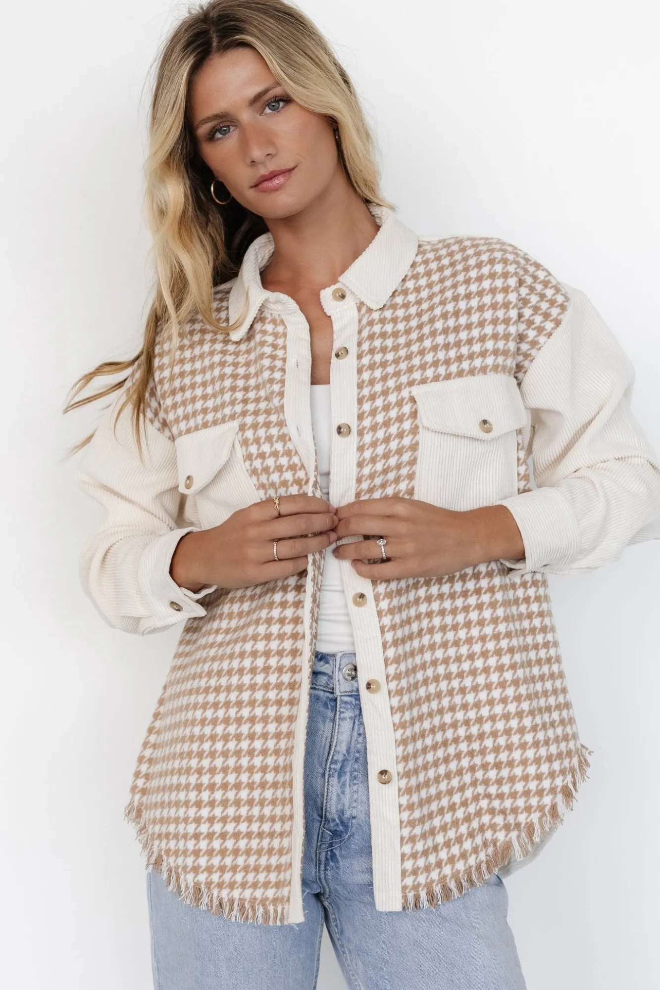 Baltic Born Montreal Houndstooth Shacket | Taupe + Ivory