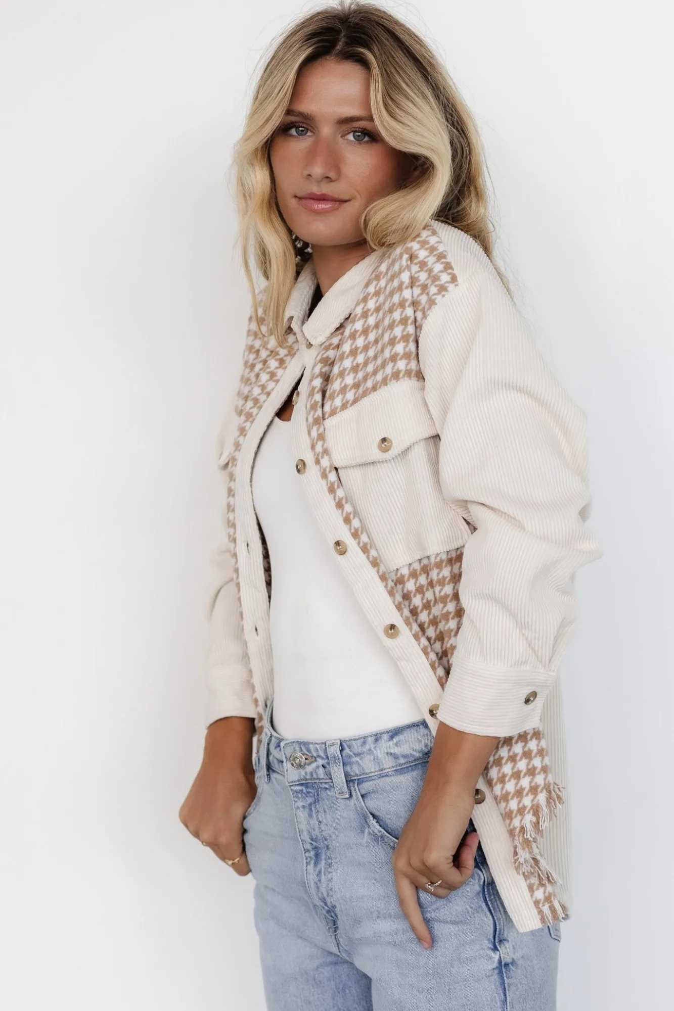 Baltic Born Montreal Houndstooth Shacket | Taupe + Ivory