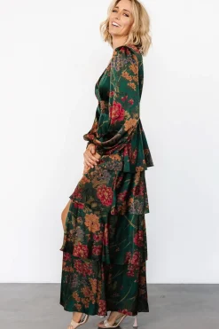 Baltic Born Montrouge Tiered Satin Dress | Emerald Floral