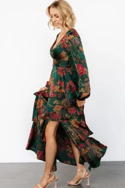 Baltic Born Montrouge Tiered Satin Dress | Emerald Floral
