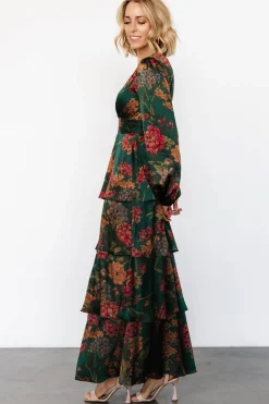 Baltic Born Montrouge Tiered Satin Dress | Emerald Floral