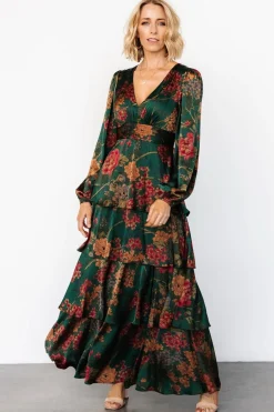 Baltic Born Montrouge Tiered Satin Dress | Emerald Floral