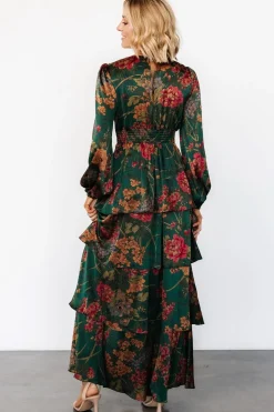 Baltic Born Montrouge Tiered Satin Dress | Emerald Floral