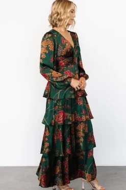 Baltic Born Montrouge Tiered Satin Dress | Emerald Floral