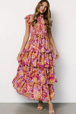 Baltic Born Mya Smocked Maxi Dress | Orchid + Gold Print