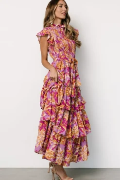 Baltic Born Mya Smocked Maxi Dress | Orchid + Gold Print