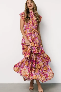 Baltic Born Mya Smocked Maxi Dress | Orchid + Gold Print