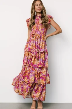 Baltic Born Mya Smocked Maxi Dress | Orchid + Gold Print