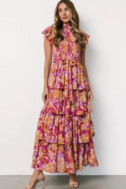 Baltic Born Mya Smocked Maxi Dress | Orchid + Gold Print