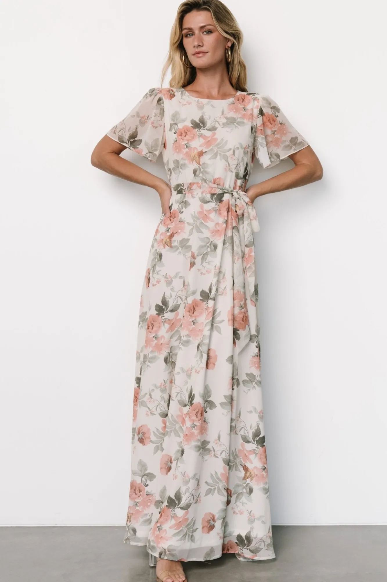 Baltic Born Naomi Short Sleeve Maxi Dress | Ivory + Coral Floral
