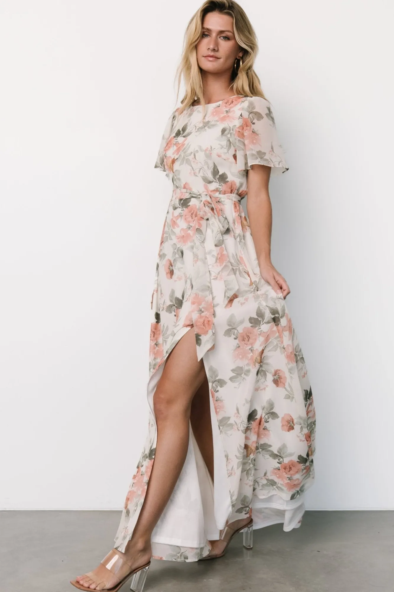 Baltic Born Naomi Short Sleeve Maxi Dress | Ivory + Coral Floral