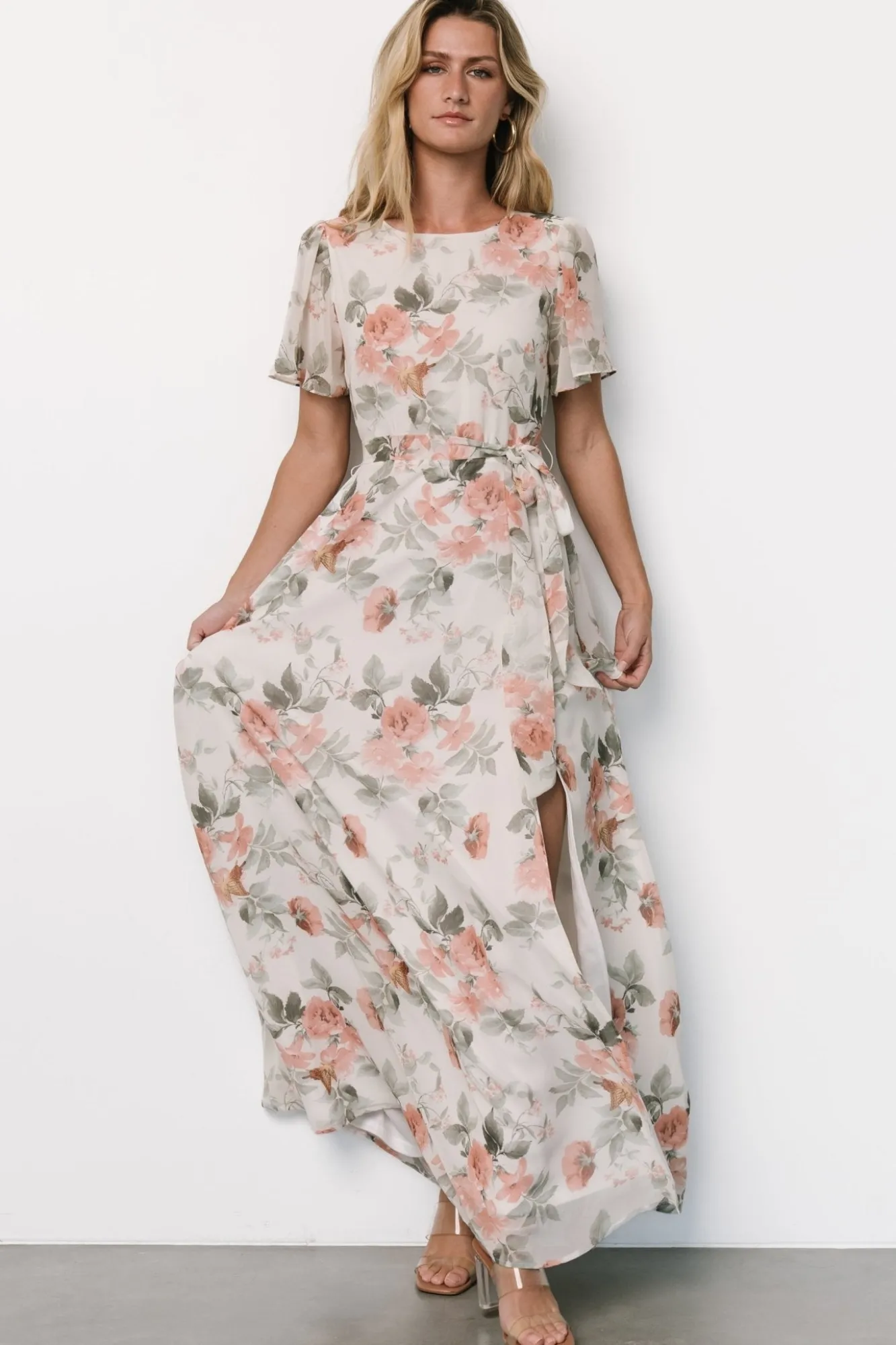 Baltic Born Naomi Short Sleeve Maxi Dress | Ivory + Coral Floral