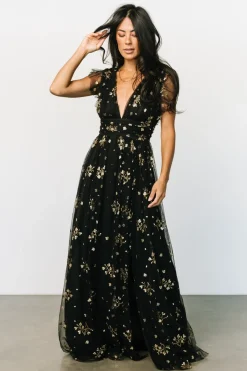 Baltic Born Natalia Floral Embellished Maxi Dress | Black + Gold