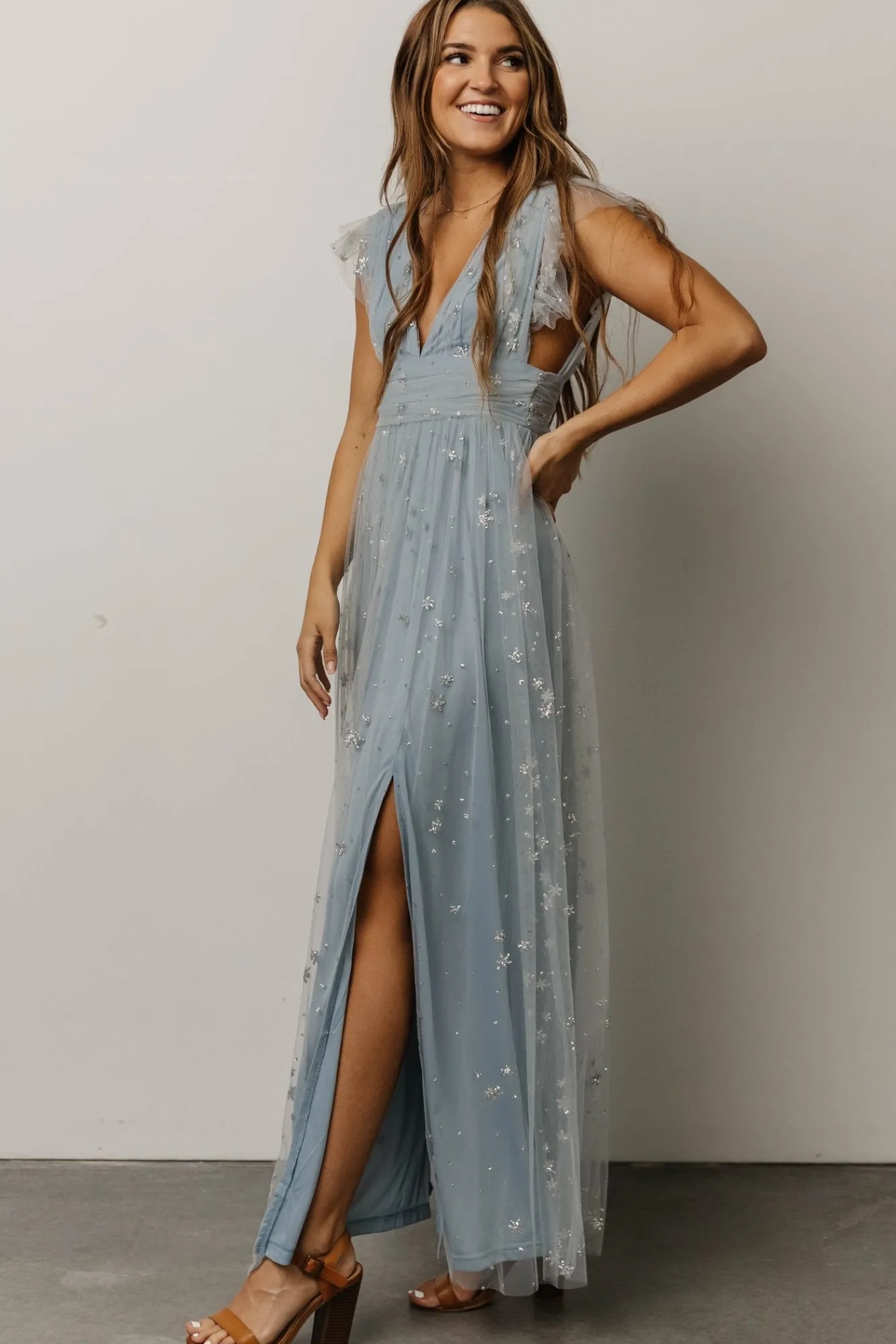 Baltic Born Nova Shimmer Maxi Dress | Dusty Blue + Silver