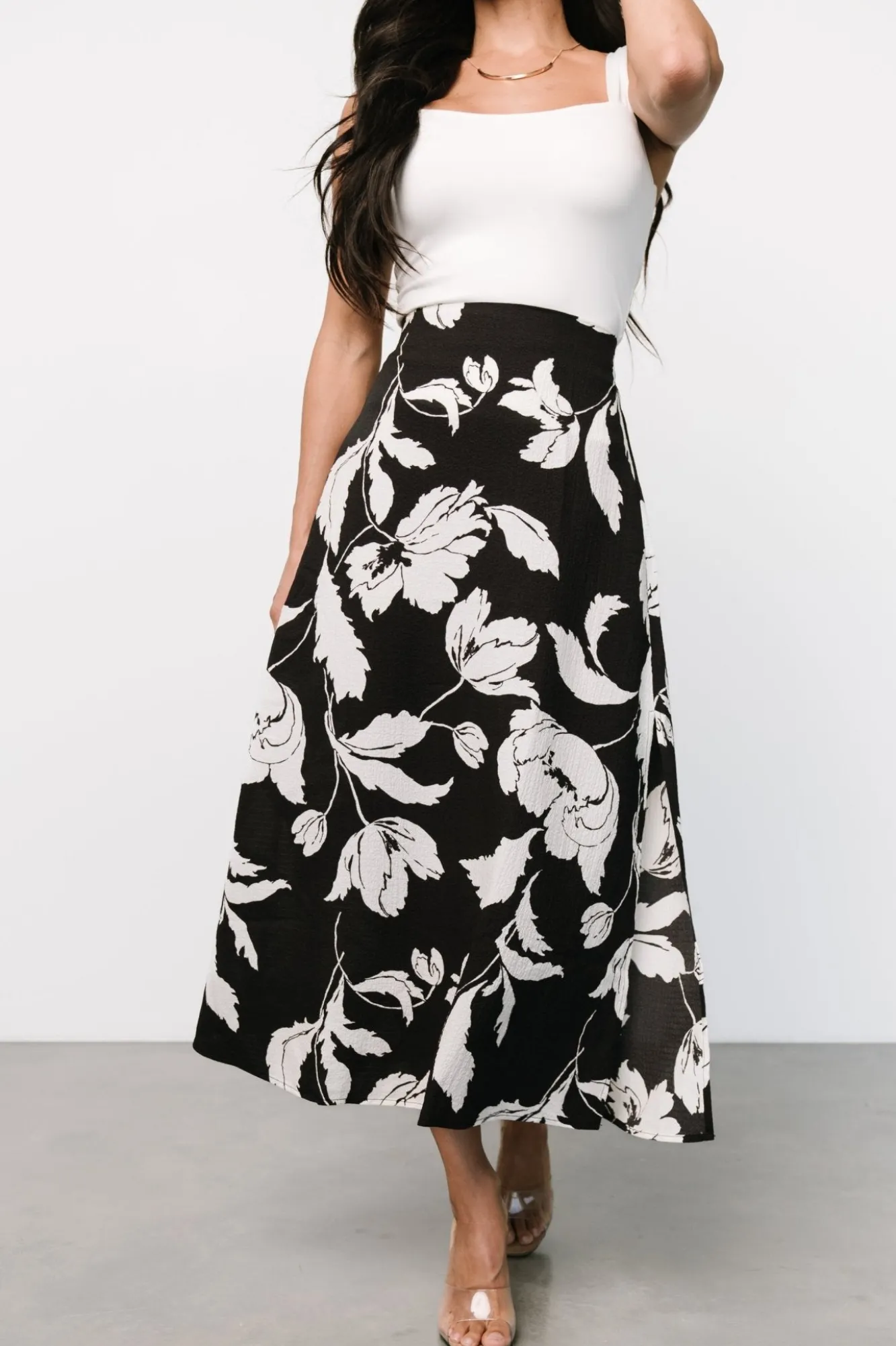 Baltic Born Osaka Midi Skirt | Black + White Floral