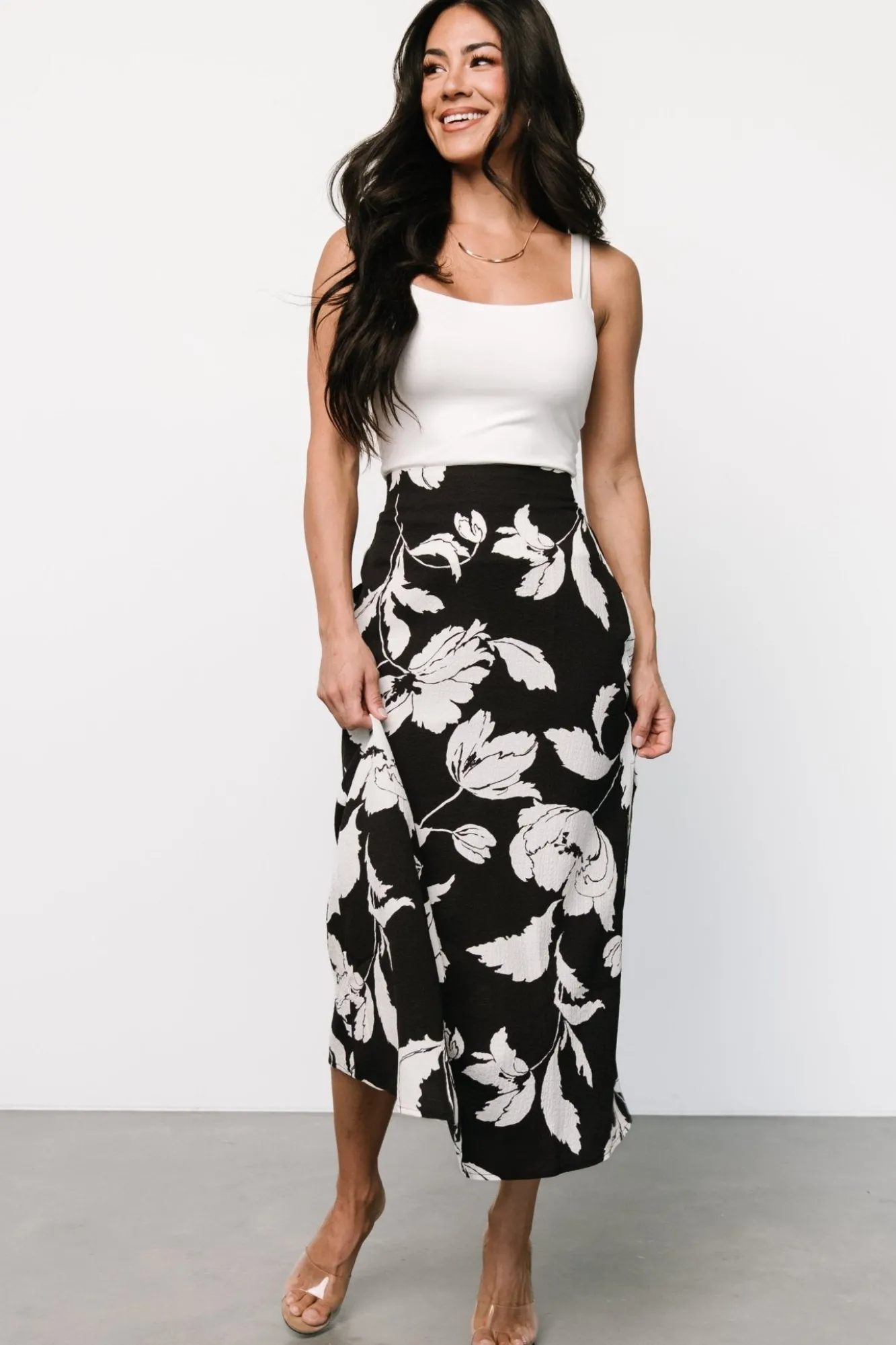 Baltic Born Osaka Midi Skirt | Black + White Floral