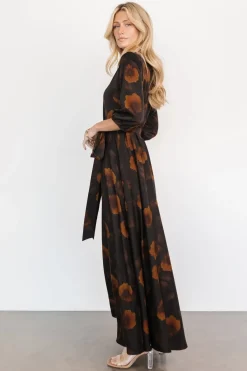 Baltic Born Paula Satin Maxi Dress | Deep Brown Floral