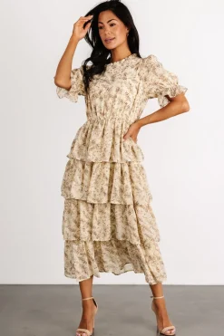 Baltic Born Pia Tiered Midi Dress | Pale Yellow Floral
