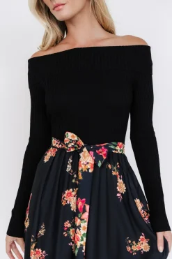 Baltic Born Qadira Off Shoulder Dress | Black + Multi Floral
