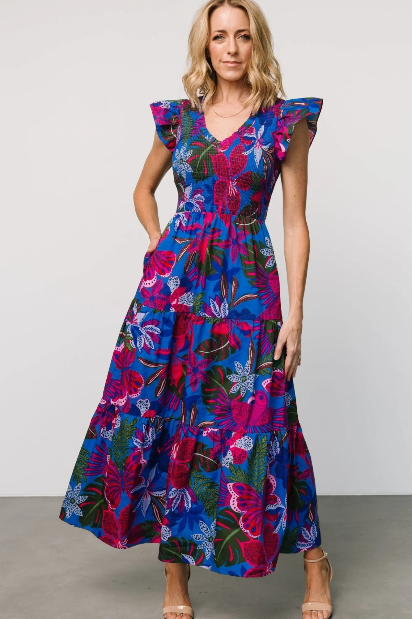 Baltic Born Ranchero Smocked Maxi Dress | Cobalt + Fuchsia Print