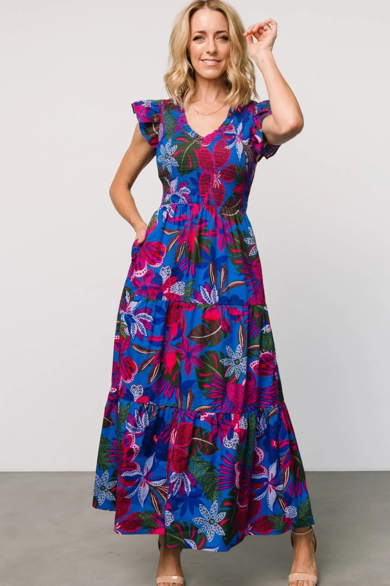 Baltic Born Ranchero Smocked Maxi Dress | Cobalt + Fuchsia Print
