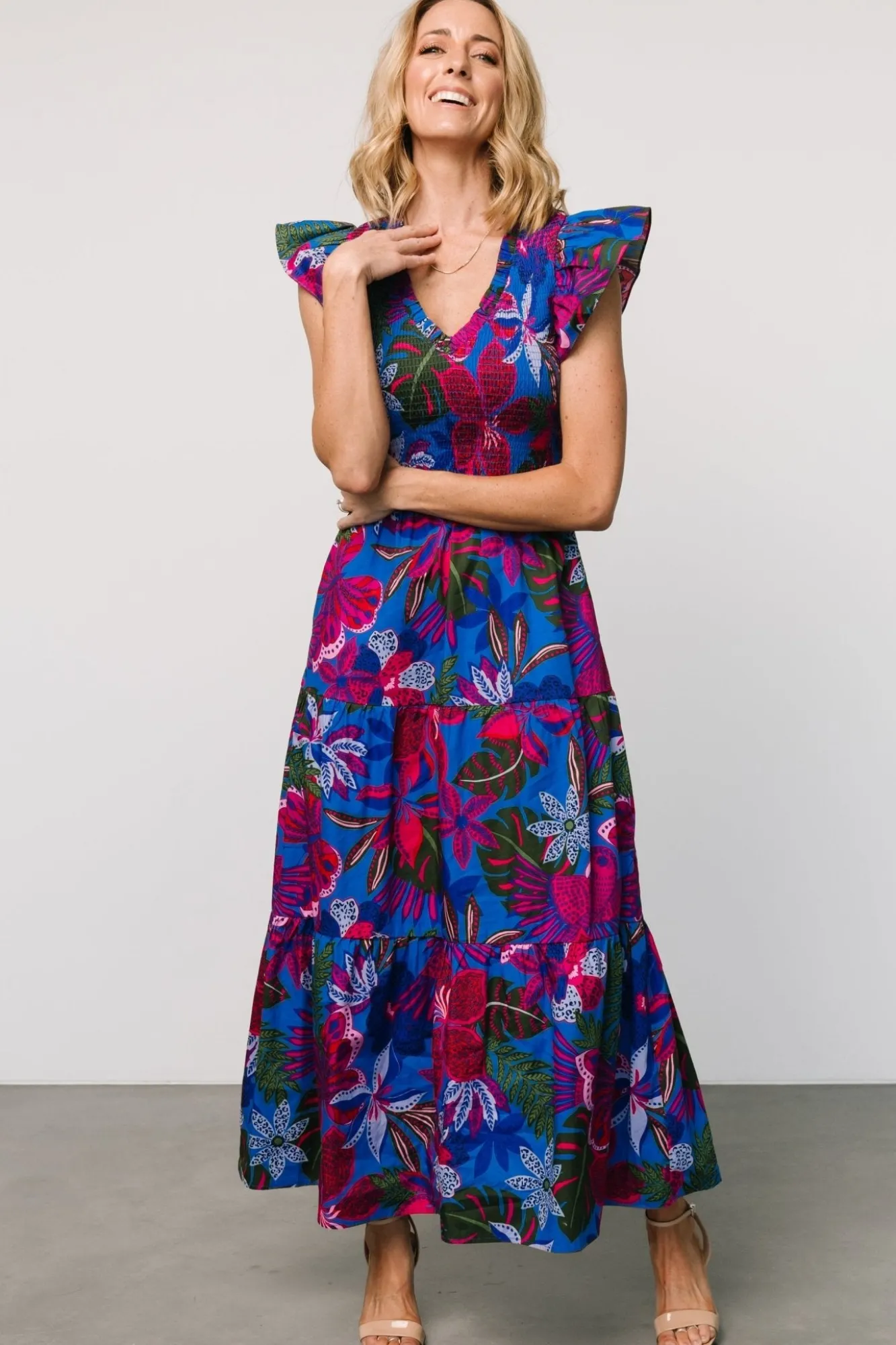 Baltic Born Ranchero Smocked Maxi Dress | Cobalt + Fuchsia Print