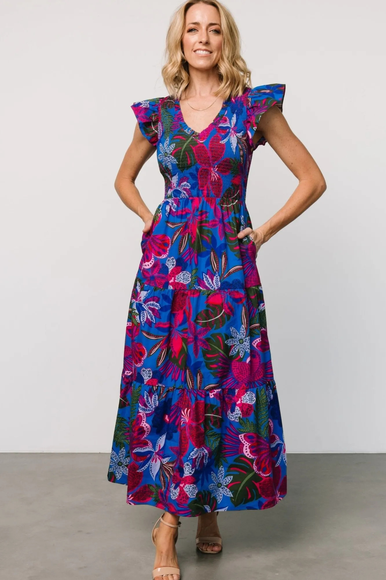 Baltic Born Ranchero Smocked Maxi Dress | Cobalt + Fuchsia Print