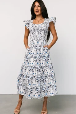 Baltic Born Rhodes Smocked Dress | White + Blue Print