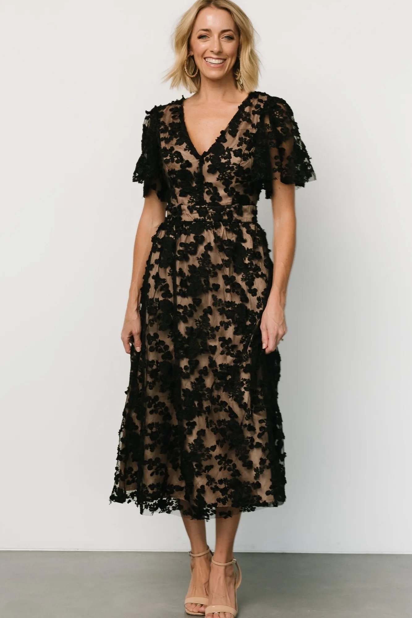 Baltic Born Sadie Embroidered Midi Dress | Black + Nude