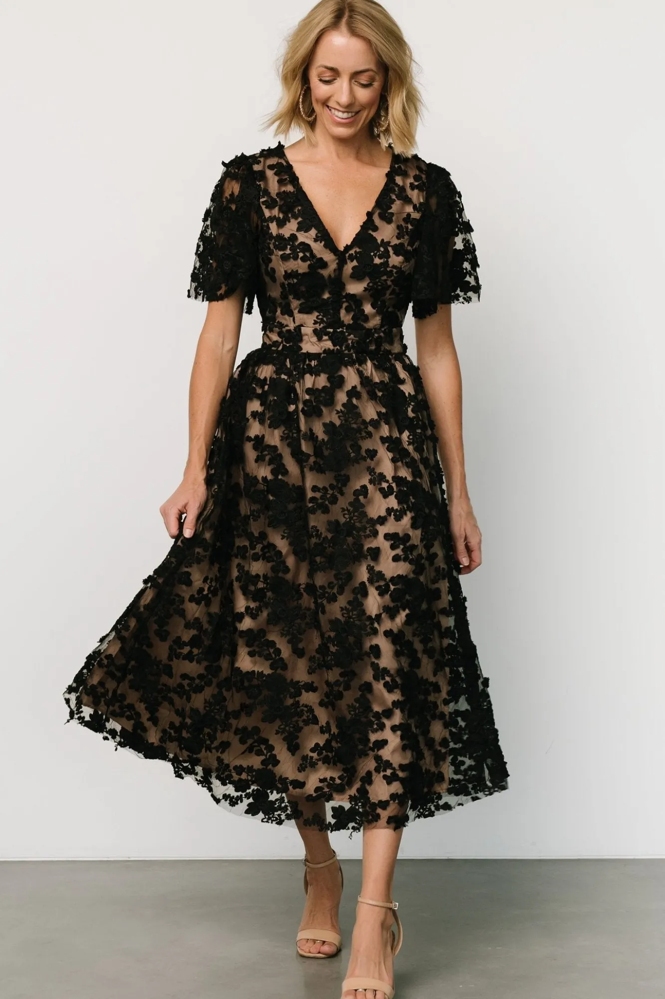 Baltic Born Sadie Embroidered Midi Dress | Black + Nude