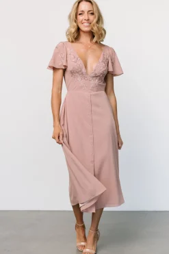 Baltic Born Swan Bead Embroidered Midi Dress | Dusty Rose