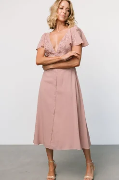 Baltic Born Swan Bead Embroidered Midi Dress | Dusty Rose