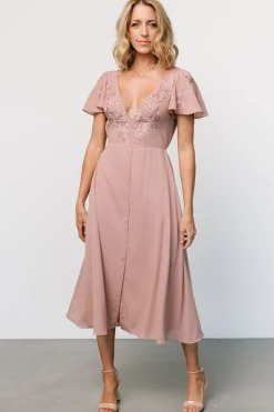 Baltic Born Swan Bead Embroidered Midi Dress | Dusty Rose