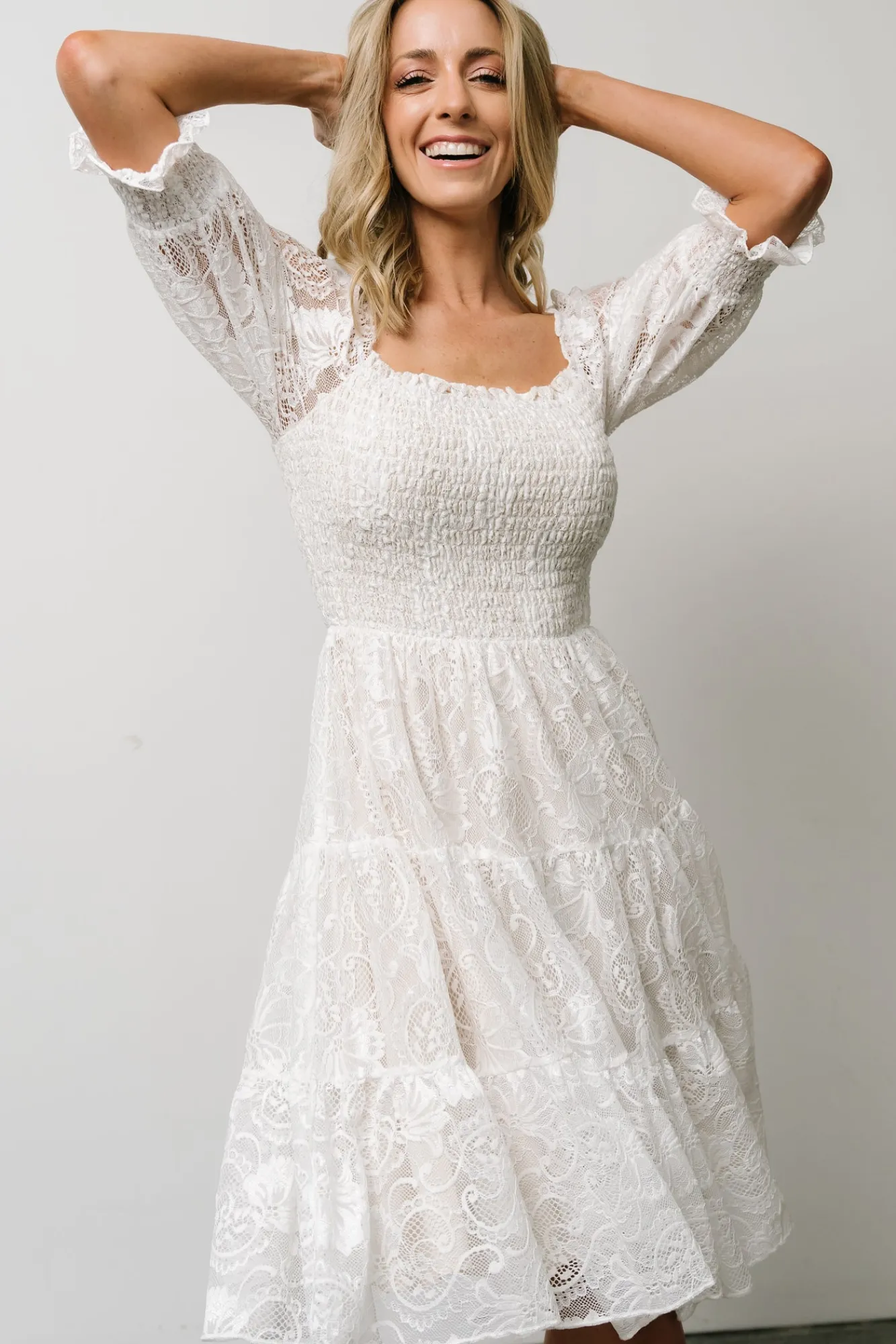 Baltic Born Tate Smocked Lace Short Dress | Off White